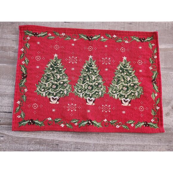 Festive Christmas Tree Woven Tapestry Placemats With Holly Border 17"by 12" - Picture 3 of 6